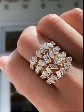 Gold Marquise and Baguette CZ Cluster Cocktail Ring